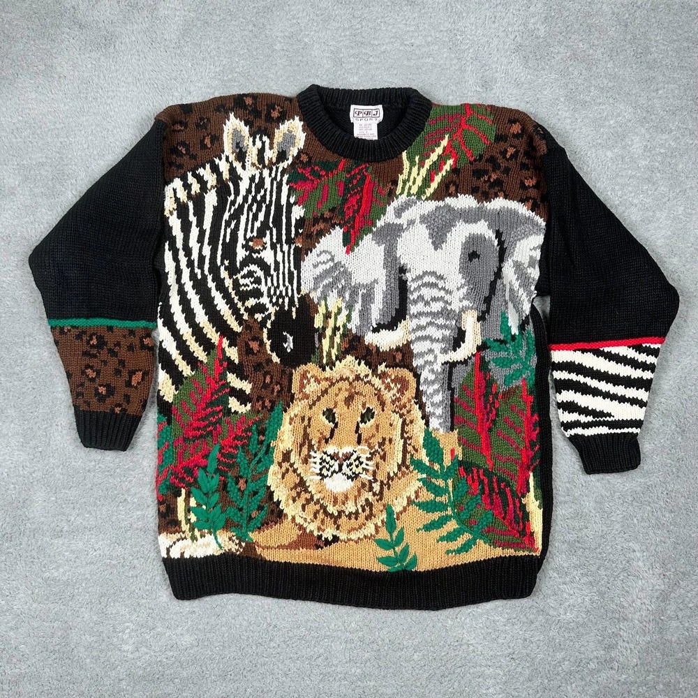 PBJ Sport Vintage Safari Animal Print Sweater Lion Zebra Elephant Mens Large‎